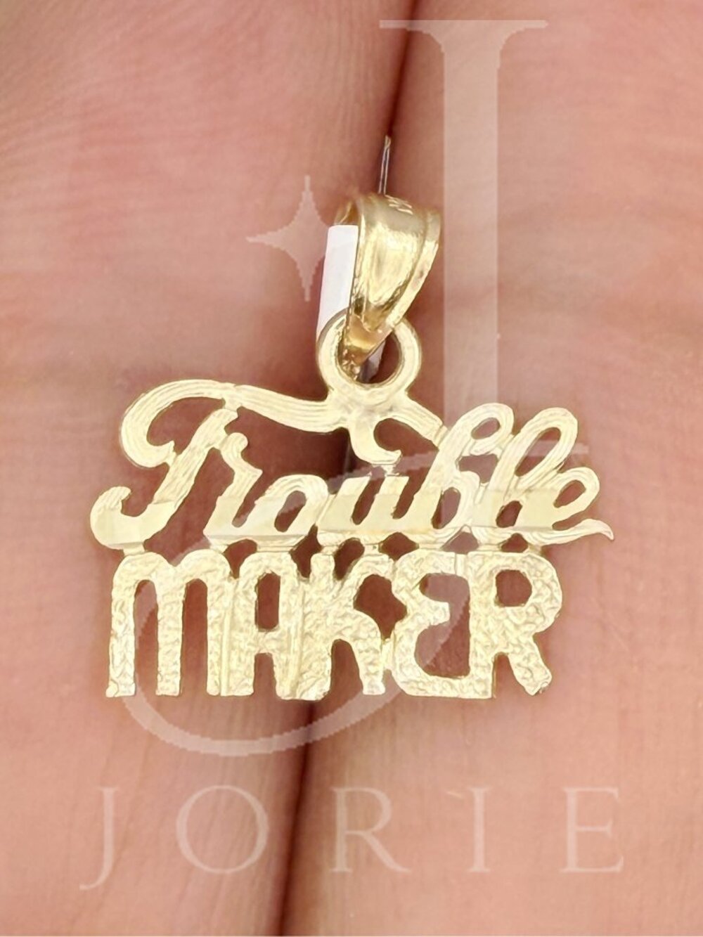 Real 10k Yellow Gold Textured Unisex Trouble Maker Letters & Words Charm Pendant